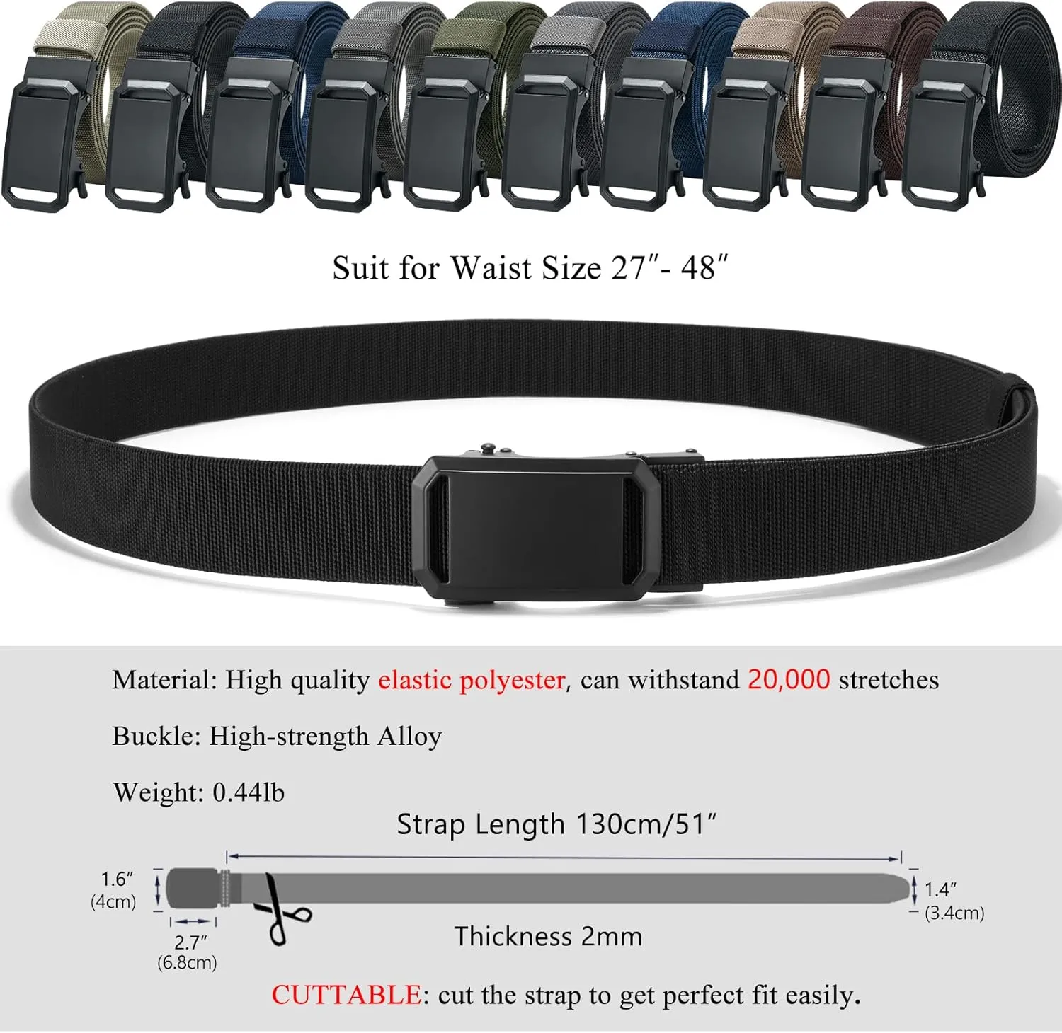 LionVII Ratchet Elastic Stretch Belts, 1 3/8" Belt for Men with Automatic Buckle for Men, Adjustable Trim to Fit 27-49" Waist