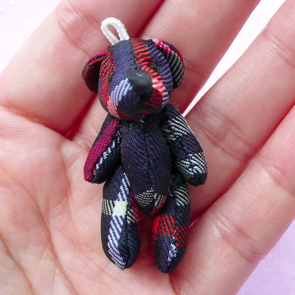 Little Fabric Bear Doll Charm in Tartan Checker Pattern | Soft Plush Animal Toy Charm (Dark Blue / 23mm x 43mm)