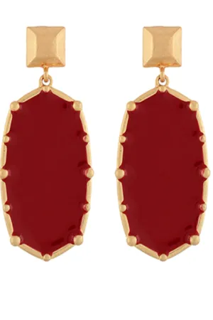 Long Hexagon Enamel Earrings-Burgundy/Gold