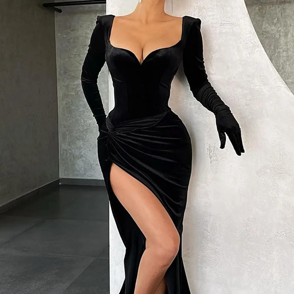 Long Party Dress Women's Clothing Autumn And Winter New Style Temperament Slim Fit Sexy Chest High Waist Gloves Korean Velvet  B-47557