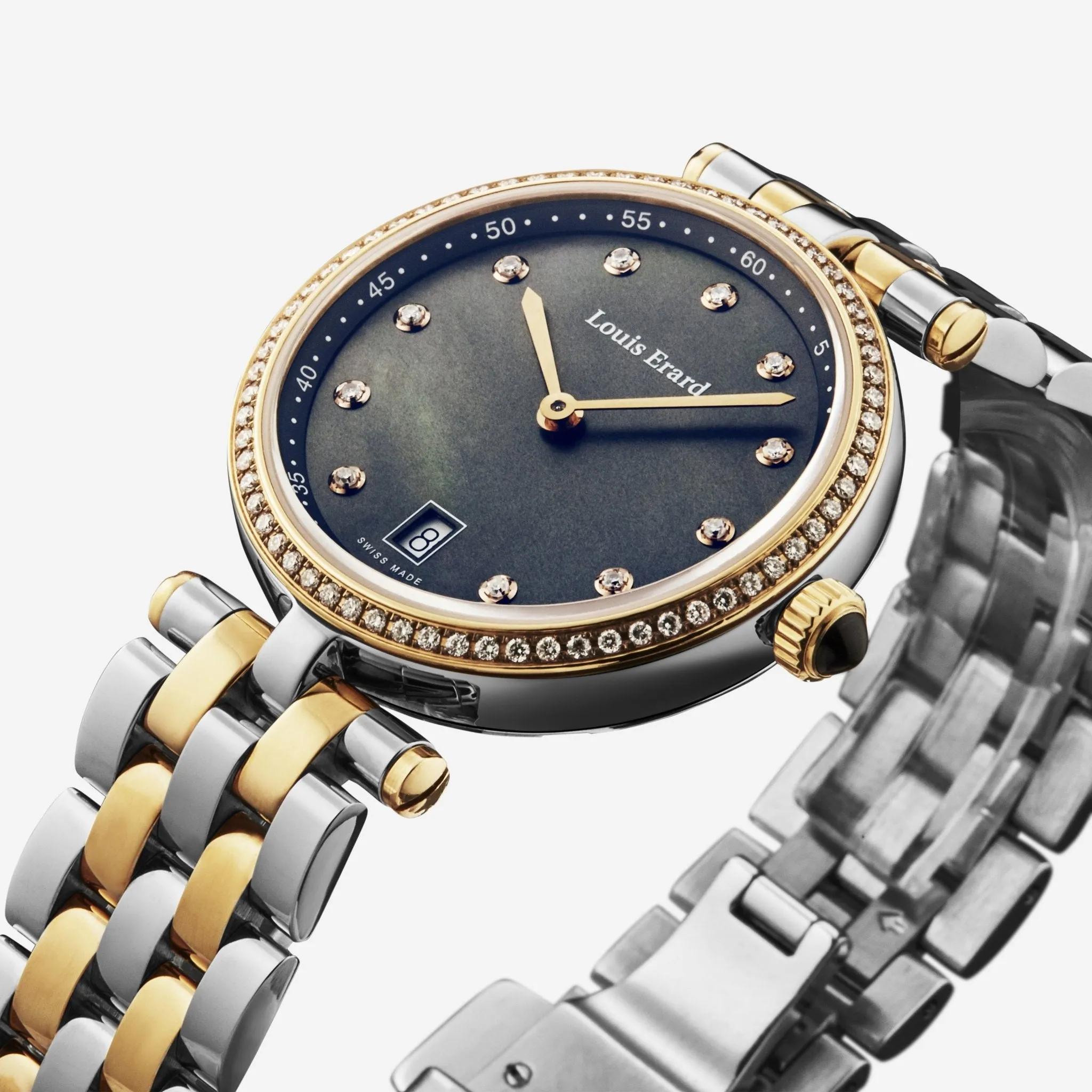Louis Erard Romance Diamond Black Mother of Pearl Dial Two-tone Stainless Steel Ladies Quartz Watch 11810SB29.BMA27