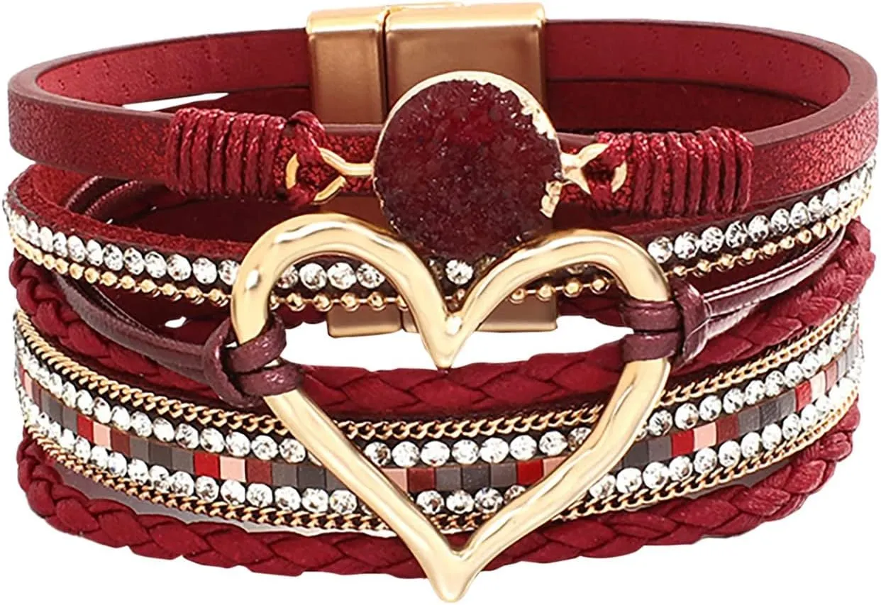 Love Woven Bracelet Bohemian Multi Layer Bracelet Leather Bracelets For Women Men Christmas Birthday Gift Color Rope Woven Bracelet Love Hollow Leather Bracelets Flower Earrings Dangling (D, One Size)
