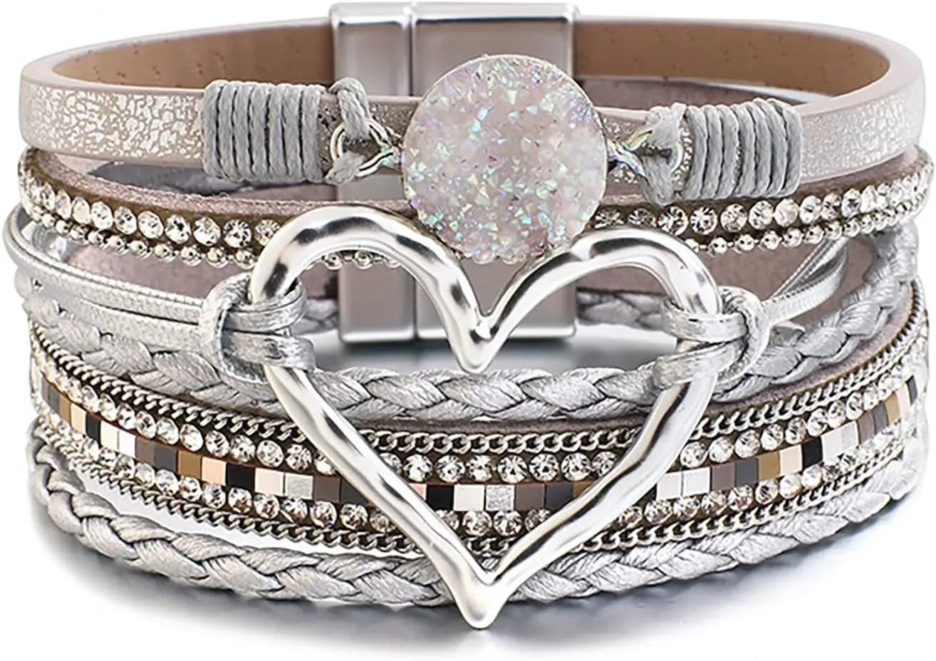 Love Woven Bracelet Bohemian Multi Layer Bracelet Leather Bracelets For Women Men Christmas Birthday Gift Color Rope Woven Bracelet Love Hollow Leather Bracelets Flower Earrings Dangling (E, One Size)