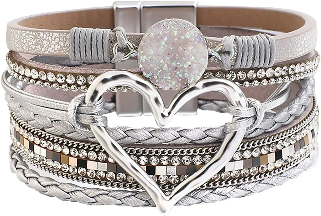 Love Woven Bracelet Bohemian Multi Layer Bracelet Leather Bracelets For Women Men Christmas Birthday Gift Color Rope Woven Bracelet Love Hollow Leather Bracelets Flower Earrings Dangling (E, One Size)