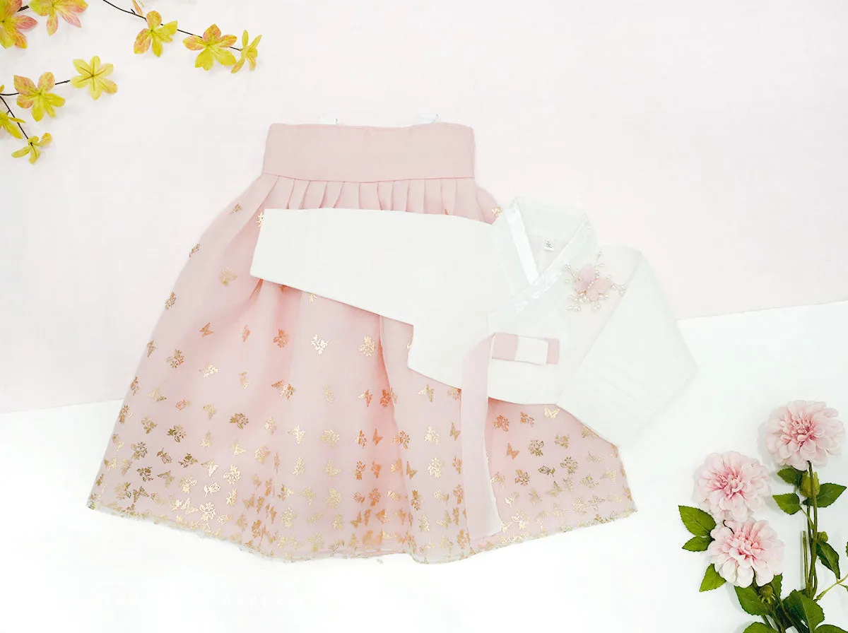 Lovely Butterfly World Baby Girl Hanbok in Ivory & Light Pink