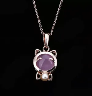 Lucky Cat Maneki Neko Pink Opal with Pearl Pendant Necklace