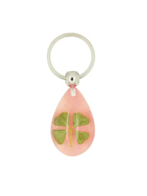 Lucky Real Four Leaf Clover Pink Keyring Keychain