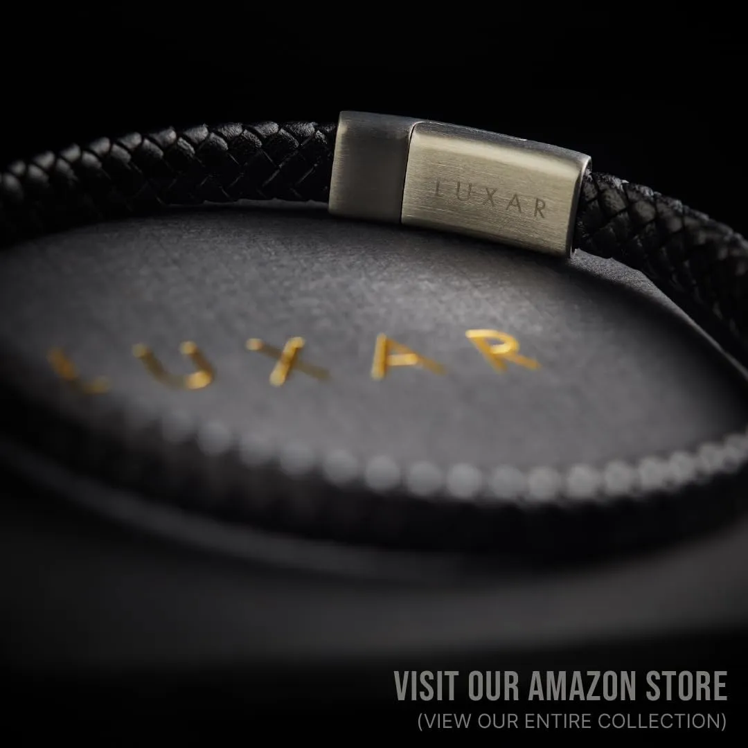 LUXAR Men’s Genuine Leather Bracelet | Interwoven Black Leather Bracelets with Brush Stainless Steel Clasp | Minimalist, Designer Jewelry for Men