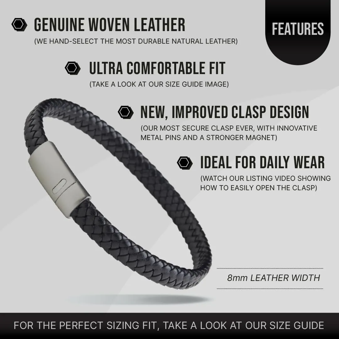 LUXAR Men’s Genuine Leather Bracelet | Interwoven Black Leather Bracelets with Brush Stainless Steel Clasp | Minimalist, Designer Jewelry for Men