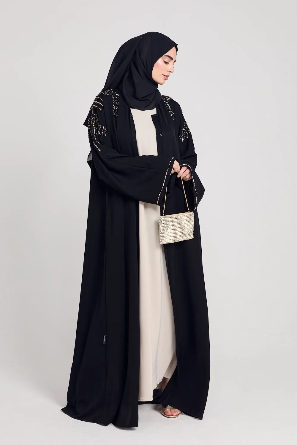 Luxury Crystal Embellished Open Abaya - Black and Gold