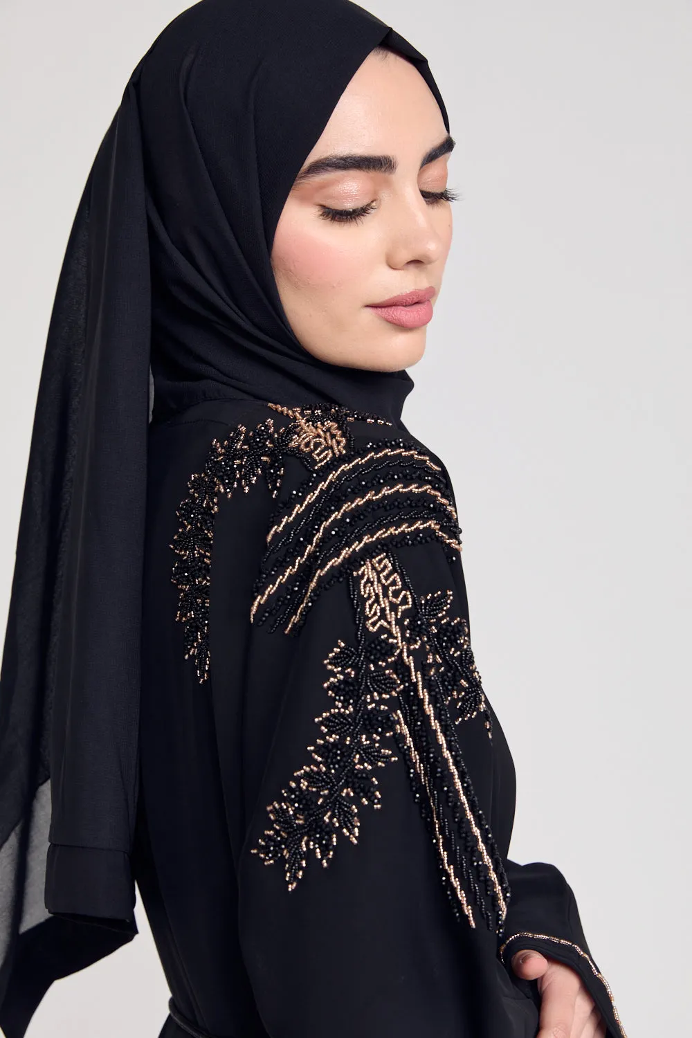 Luxury Crystal Embellished Open Abaya - Black and Gold