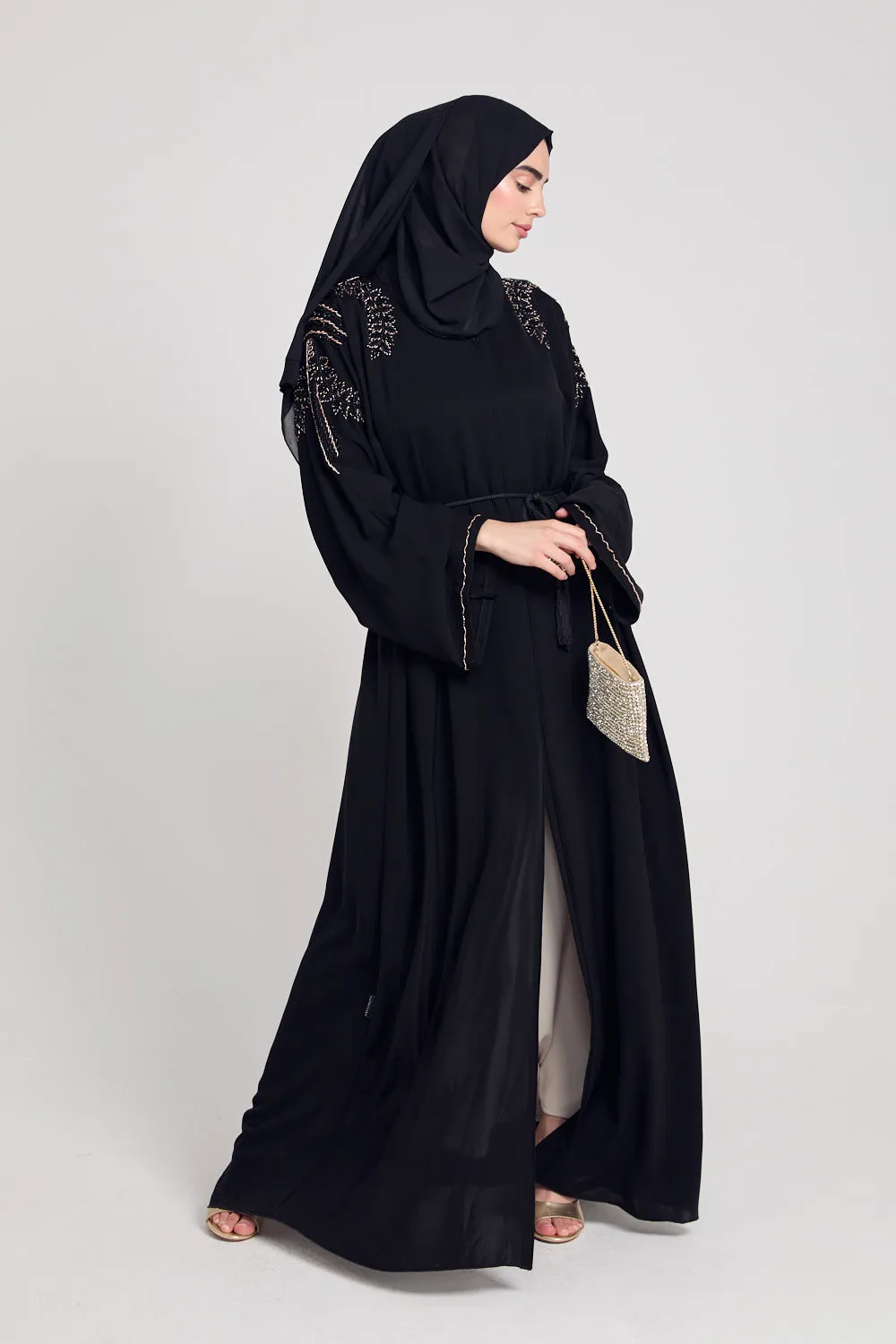 Luxury Crystal Embellished Open Abaya - Black and Gold