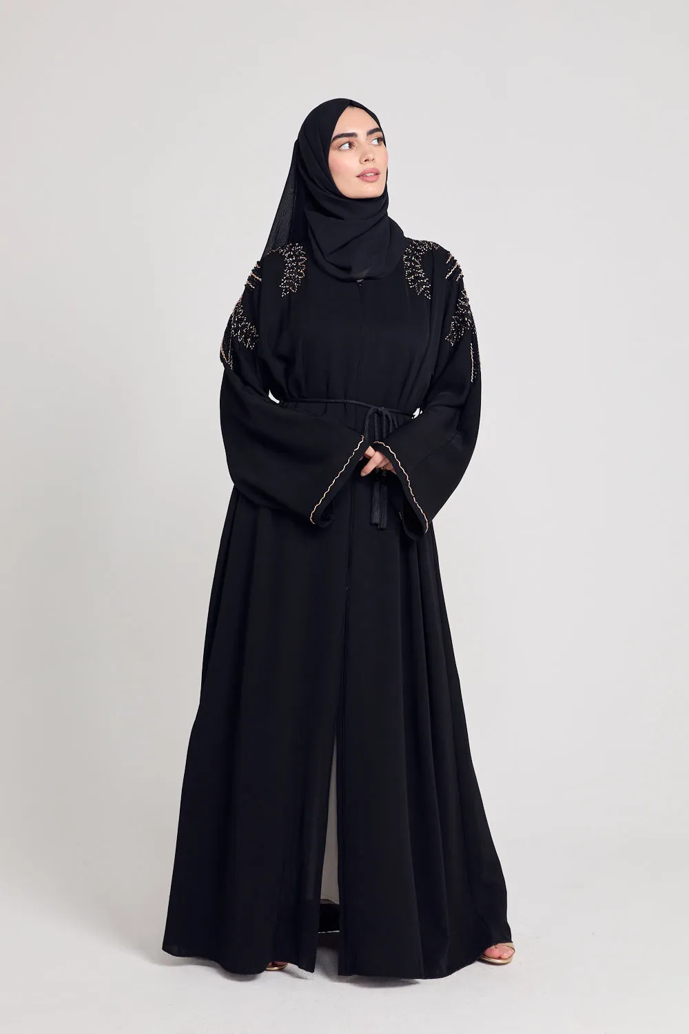 Luxury Crystal Embellished Open Abaya - Black and Gold