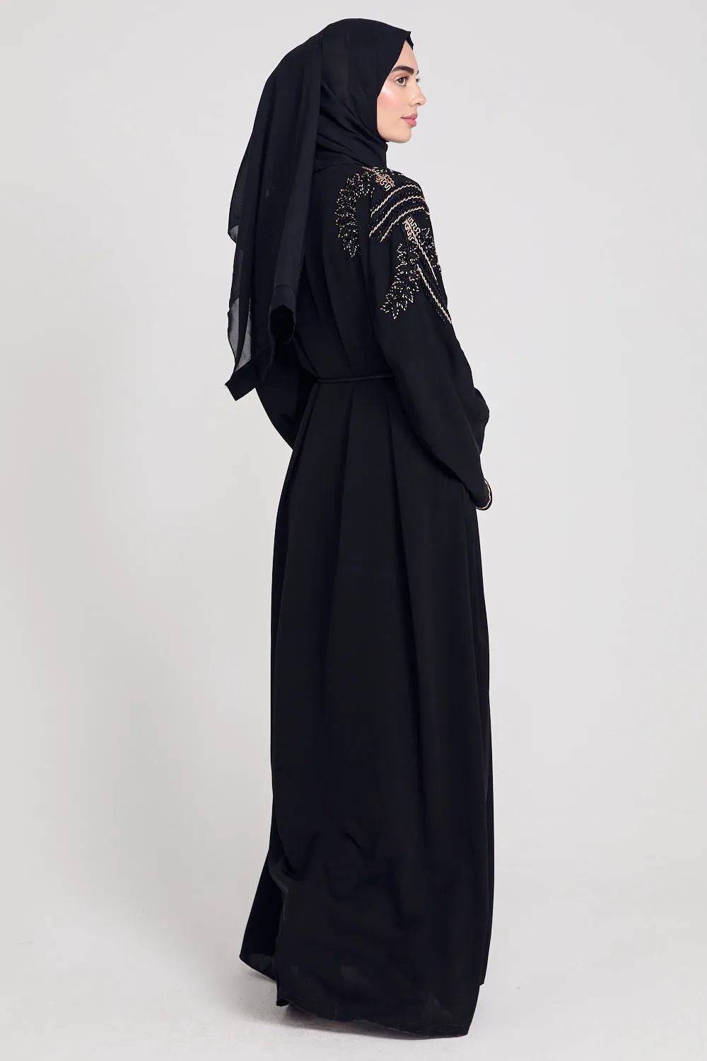 Luxury Crystal Embellished Open Abaya - Black and Gold