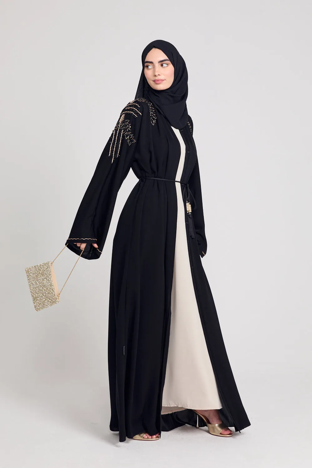 Luxury Crystal Embellished Open Abaya - Black and Gold