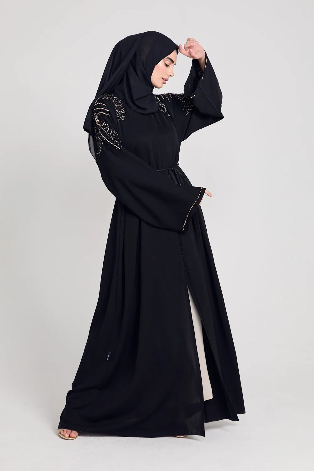 Luxury Crystal Embellished Open Abaya - Black and Gold