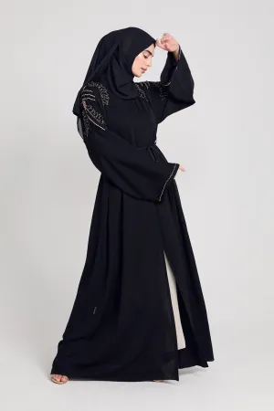 Luxury Crystal Embellished Open Abaya - Black and Gold