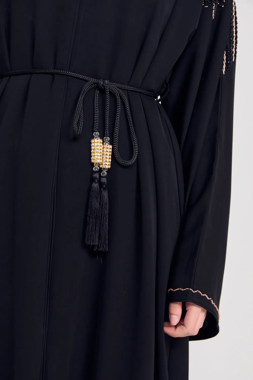 Luxury Crystal Embellished Open Abaya - Black and Gold