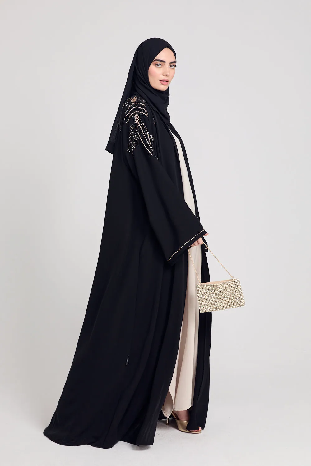 Luxury Crystal Embellished Open Abaya - Black and Gold