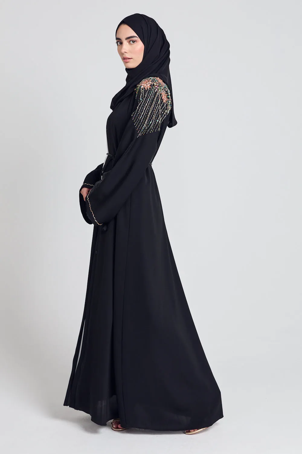 Luxury Crystal Embellished Open Abaya - Lotus Floral Detailing