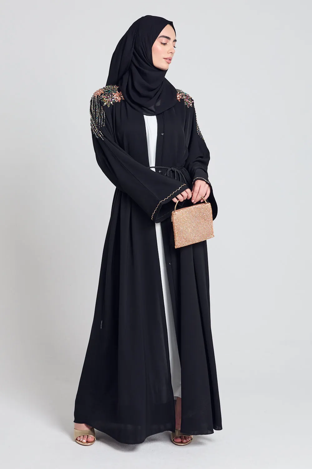 Luxury Crystal Embellished Open Abaya - Lotus Floral Detailing