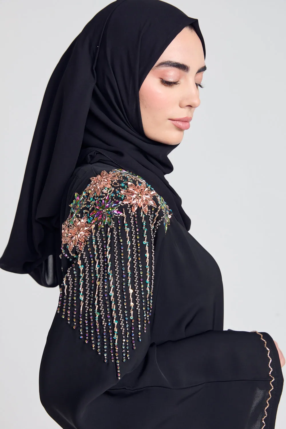 Luxury Crystal Embellished Open Abaya - Lotus Floral Detailing