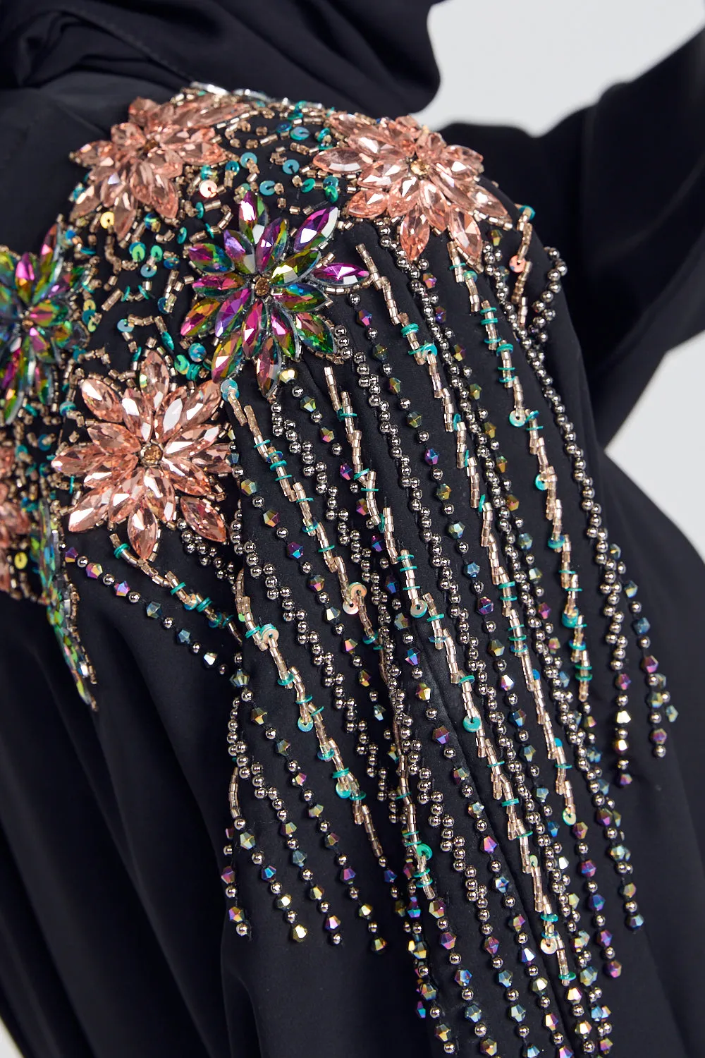 Luxury Crystal Embellished Open Abaya - Lotus Floral Detailing