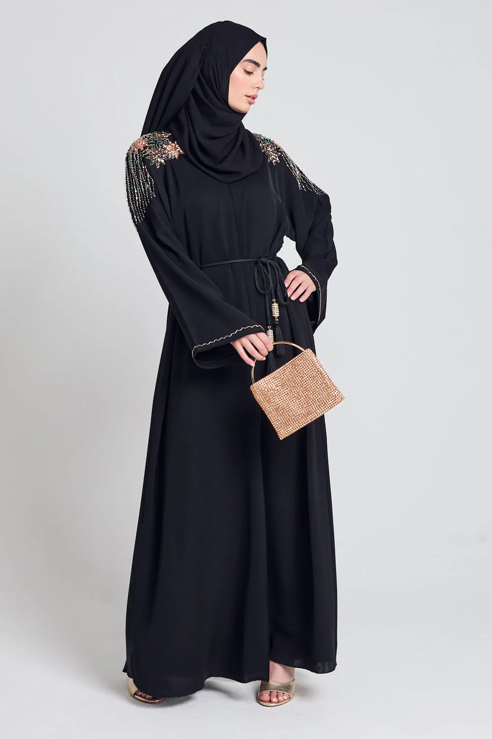 Luxury Crystal Embellished Open Abaya - Lotus Floral Detailing