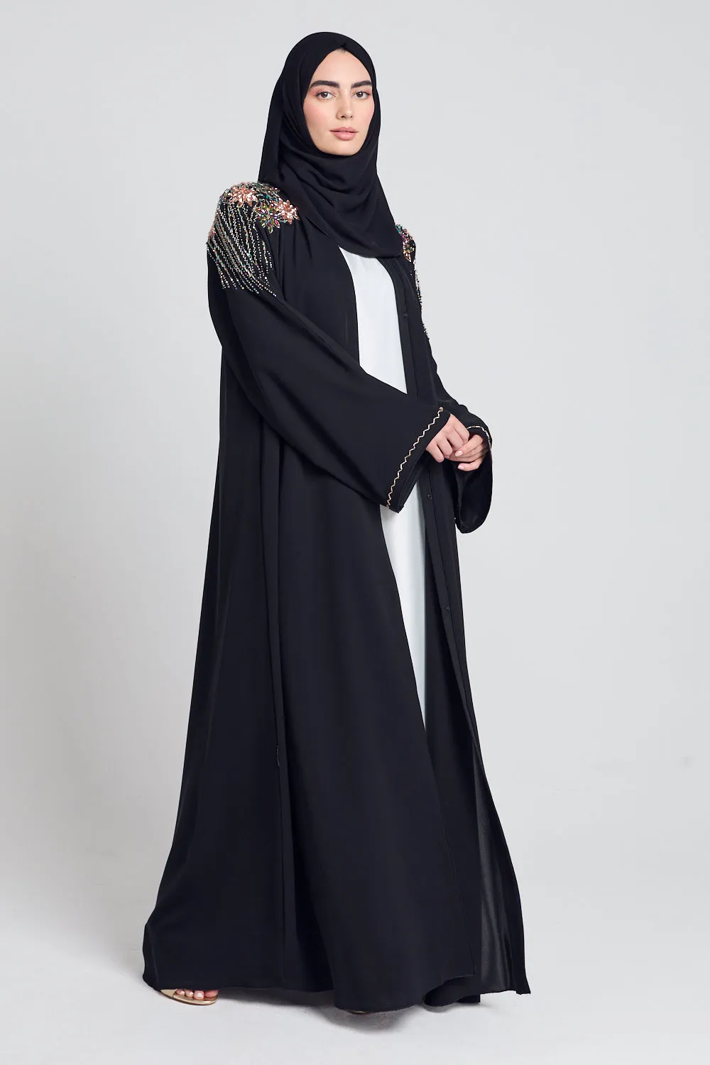 Luxury Crystal Embellished Open Abaya - Lotus Floral Detailing