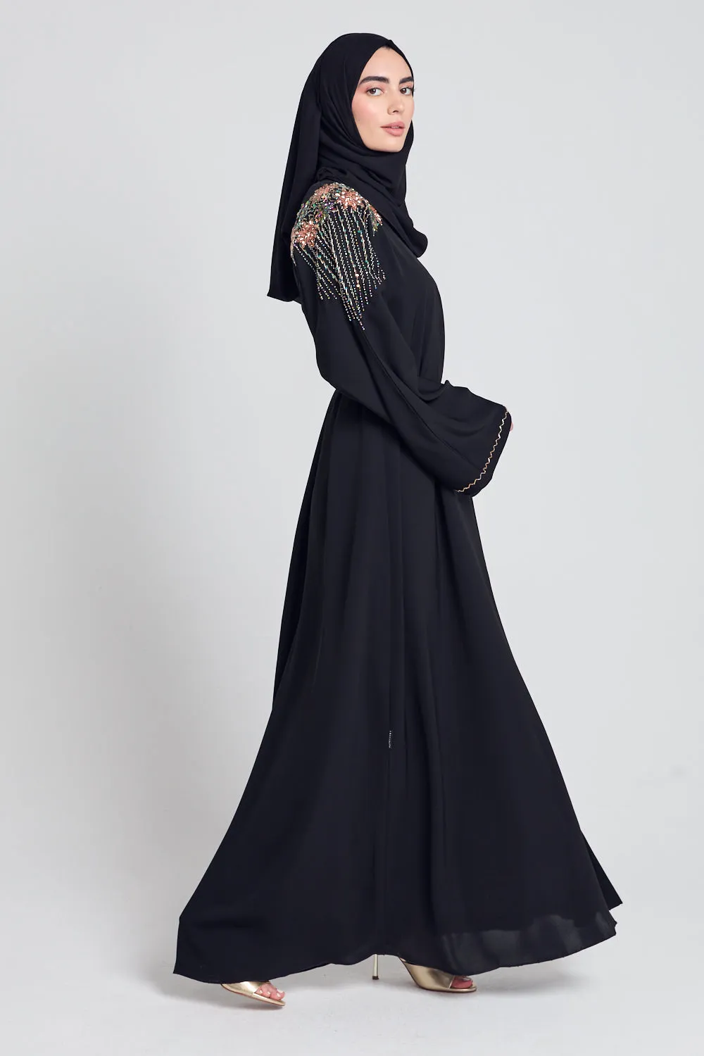 Luxury Crystal Embellished Open Abaya - Lotus Floral Detailing