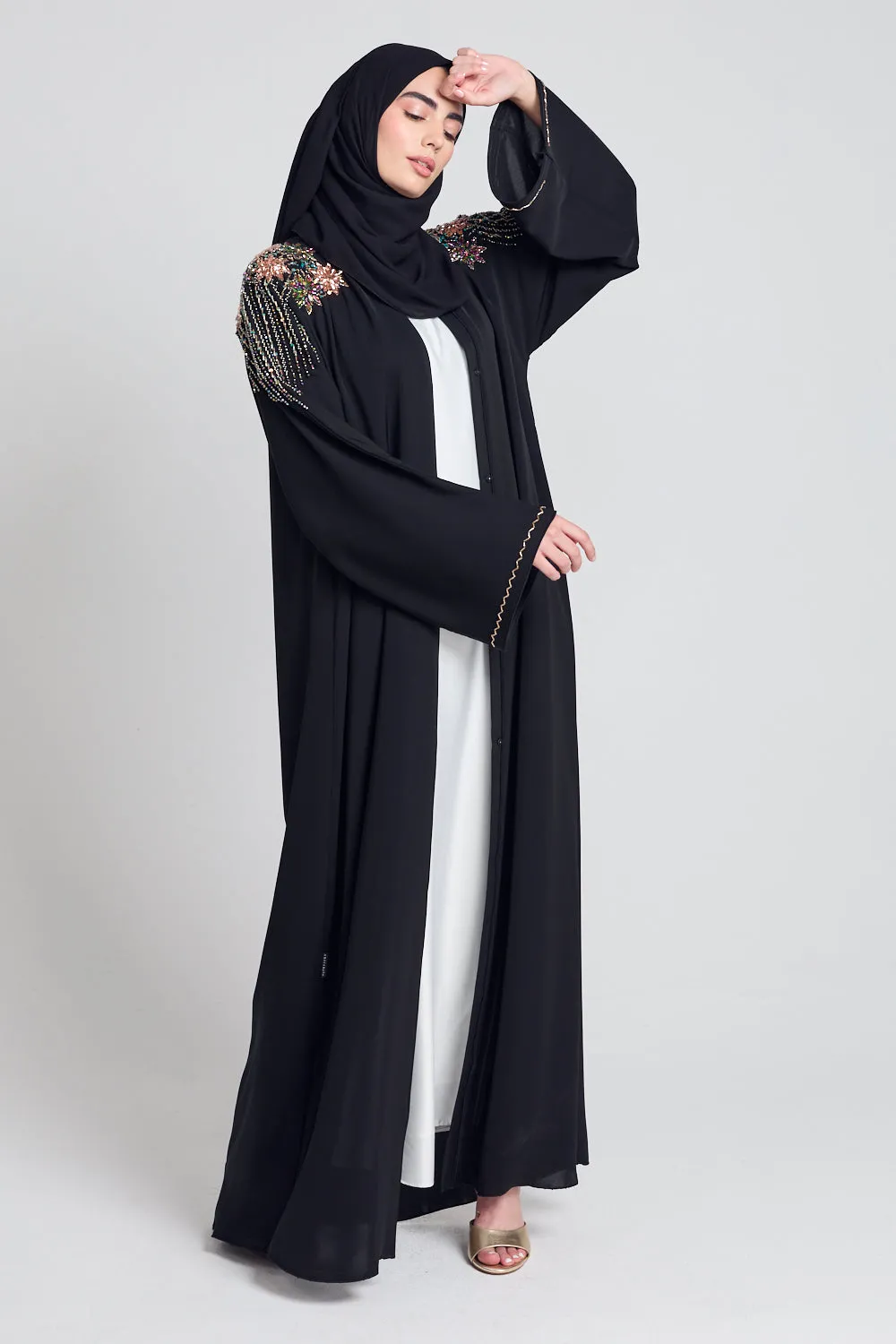 Luxury Crystal Embellished Open Abaya - Lotus Floral Detailing