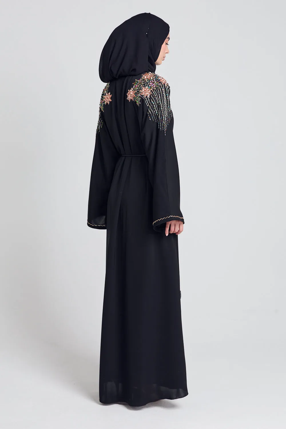 Luxury Crystal Embellished Open Abaya - Lotus Floral Detailing