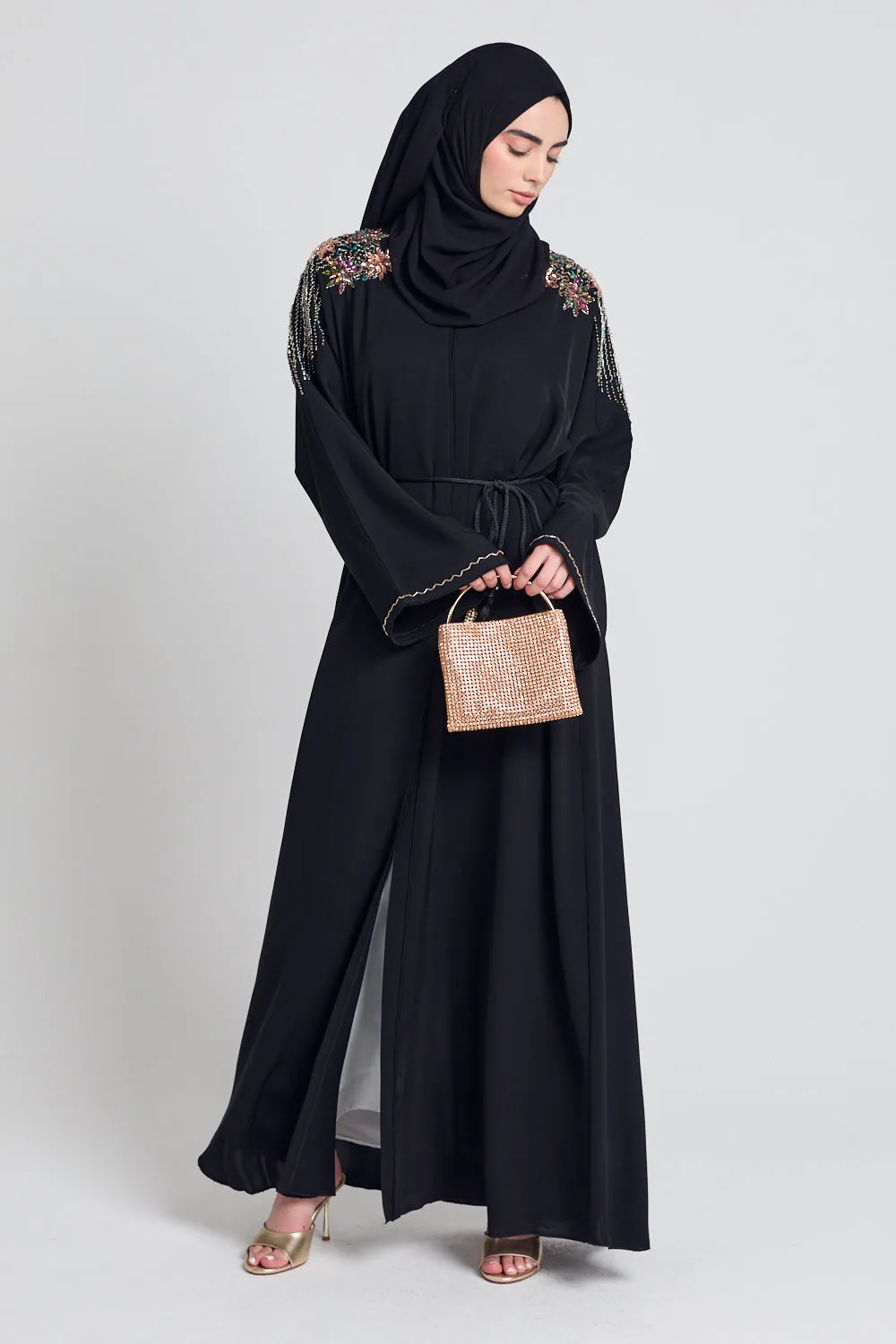 Luxury Crystal Embellished Open Abaya - Lotus Floral Detailing