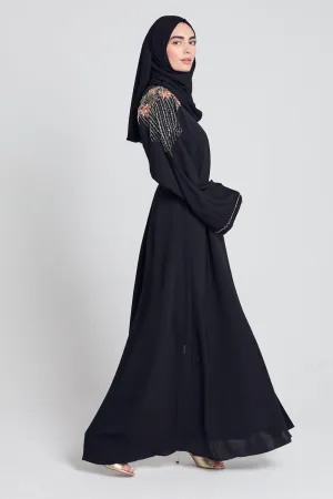 Luxury Crystal Embellished Open Abaya - Lotus Floral Detailing