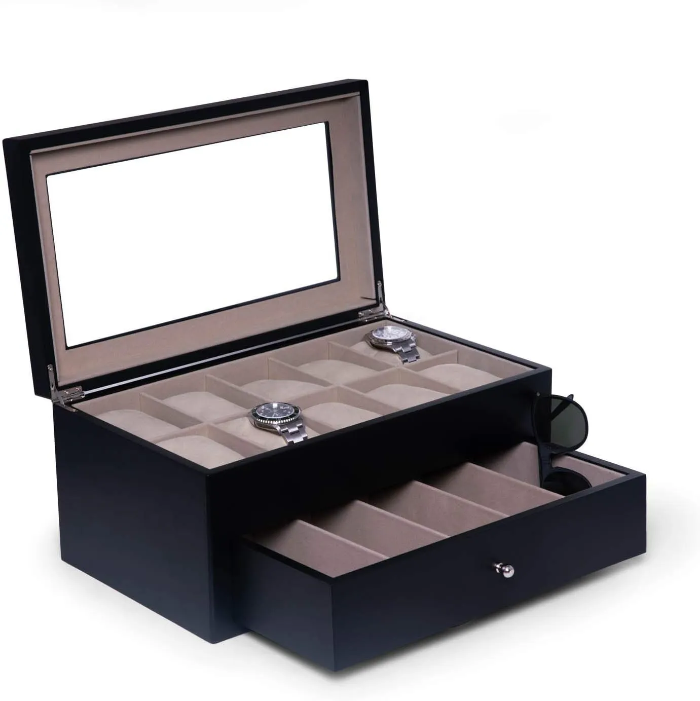 Luxury Designer 10 Watch and 5 Eyeglass and Sunglass Storage Box in Real Wood, Extra Large Slots, Soft Velour Lining, Dresser Organizer, Black