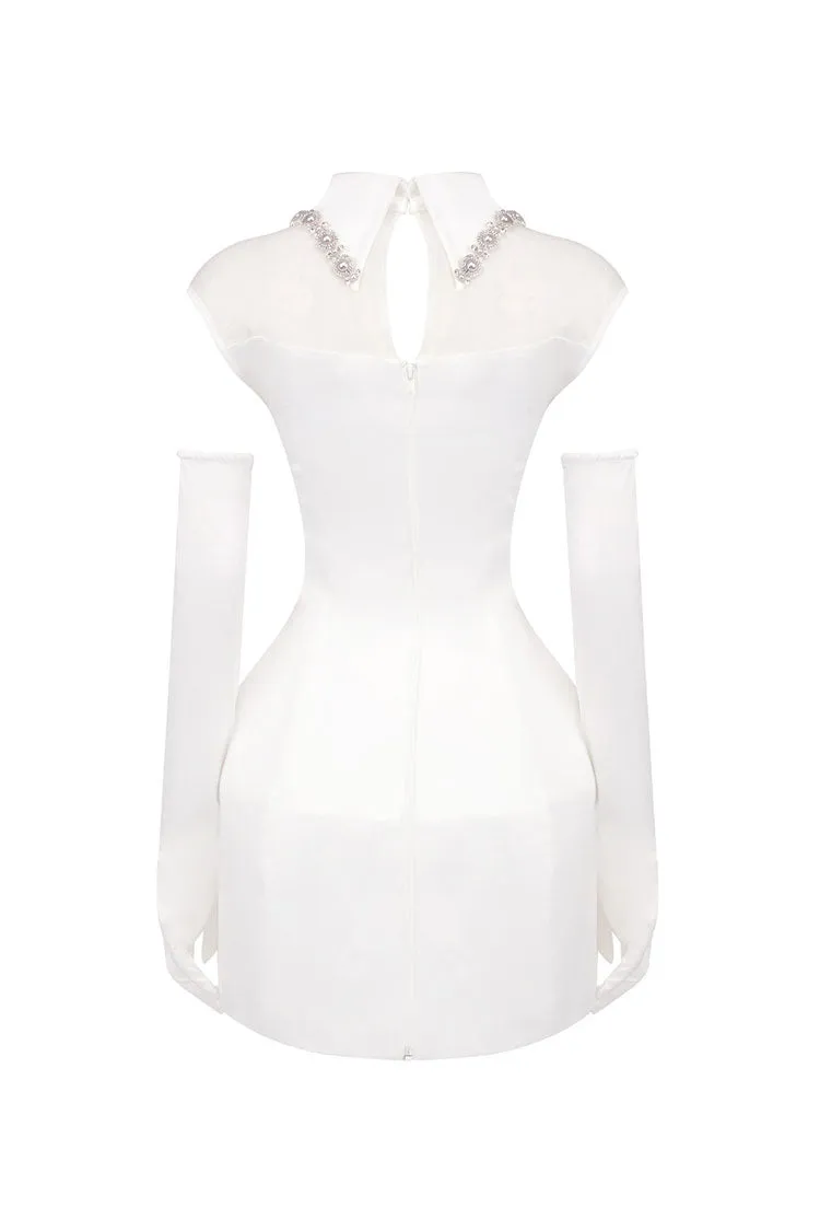 Luxury Jeweled Collar Illusion Neck Glove Satin Pannier Party Mini Dress