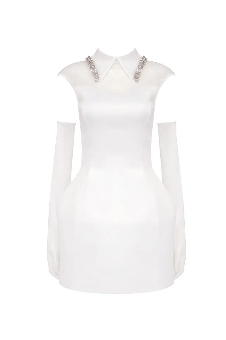 Luxury Jeweled Collar Illusion Neck Glove Satin Pannier Party Mini Dress