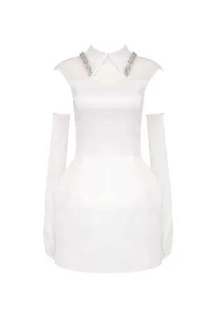 Luxury Jeweled Collar Illusion Neck Glove Satin Pannier Party Mini Dress