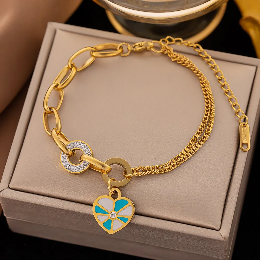 Luxury Jewelry Set Gold Color Heart Pendant Necklaces Earrings Bracelet For Women