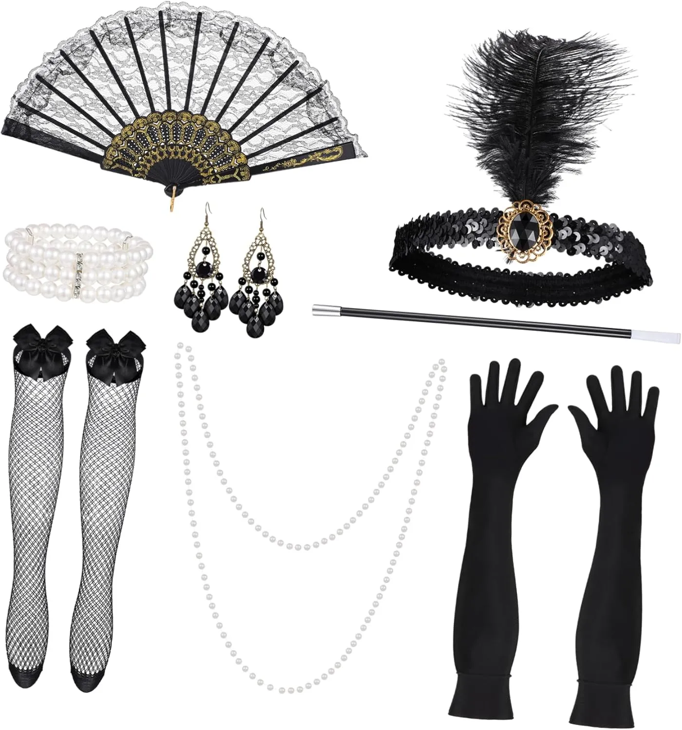 Luxury Vintage Dance Party Set Pearl Necklace Headband Long Gloves Dangle Earrings Women's Elegant Accessories