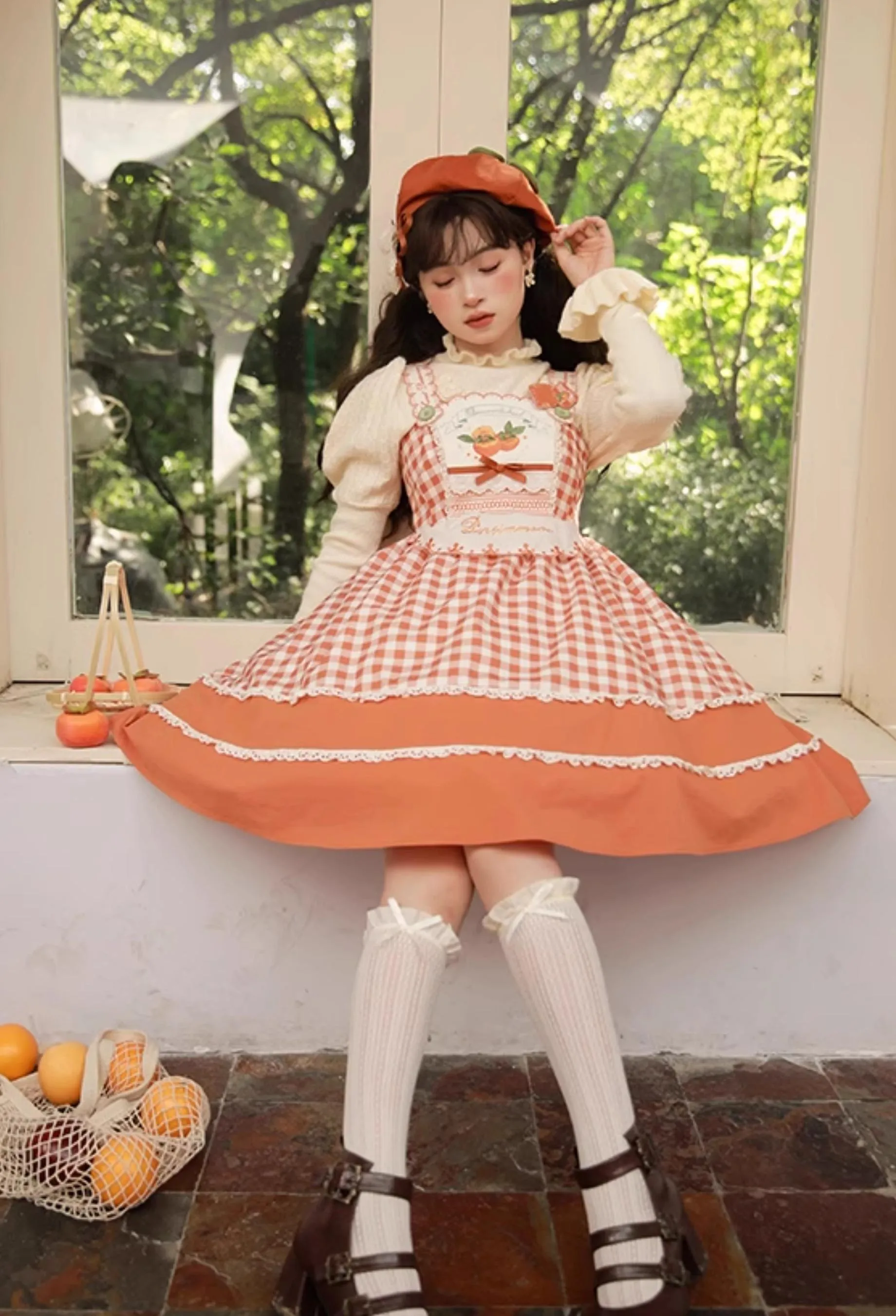 Mademoiselle Pearl~Persimmon~Autumn Persimmon Print Lolita OP JSK SK Dress