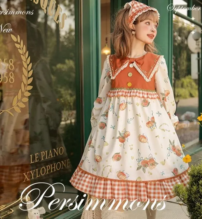 Mademoiselle Pearl~Persimmon~Autumn Persimmon Print Lolita OP JSK SK Dress