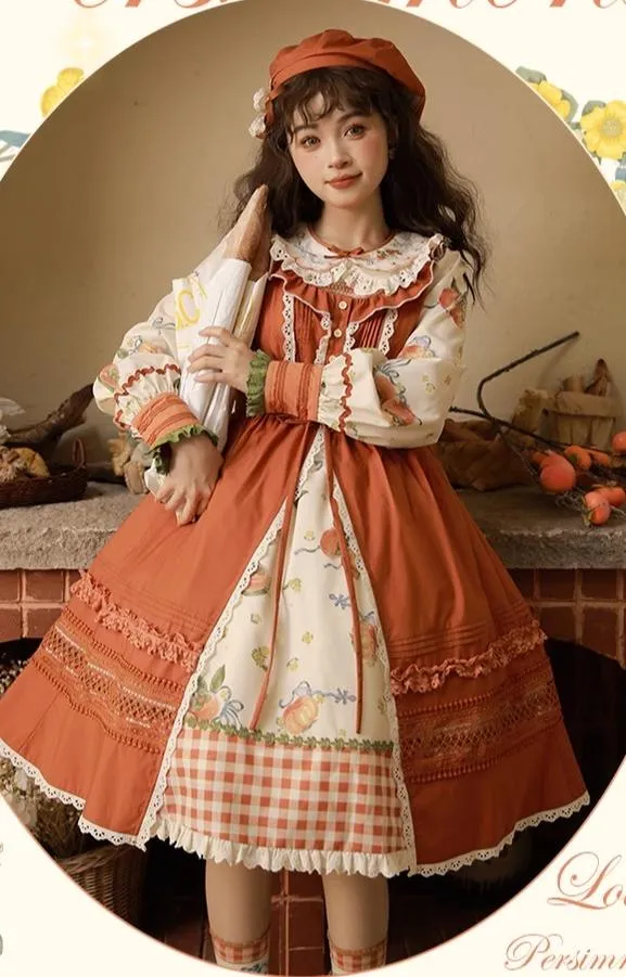Mademoiselle Pearl~Persimmon~Autumn Persimmon Print Lolita OP JSK SK Dress