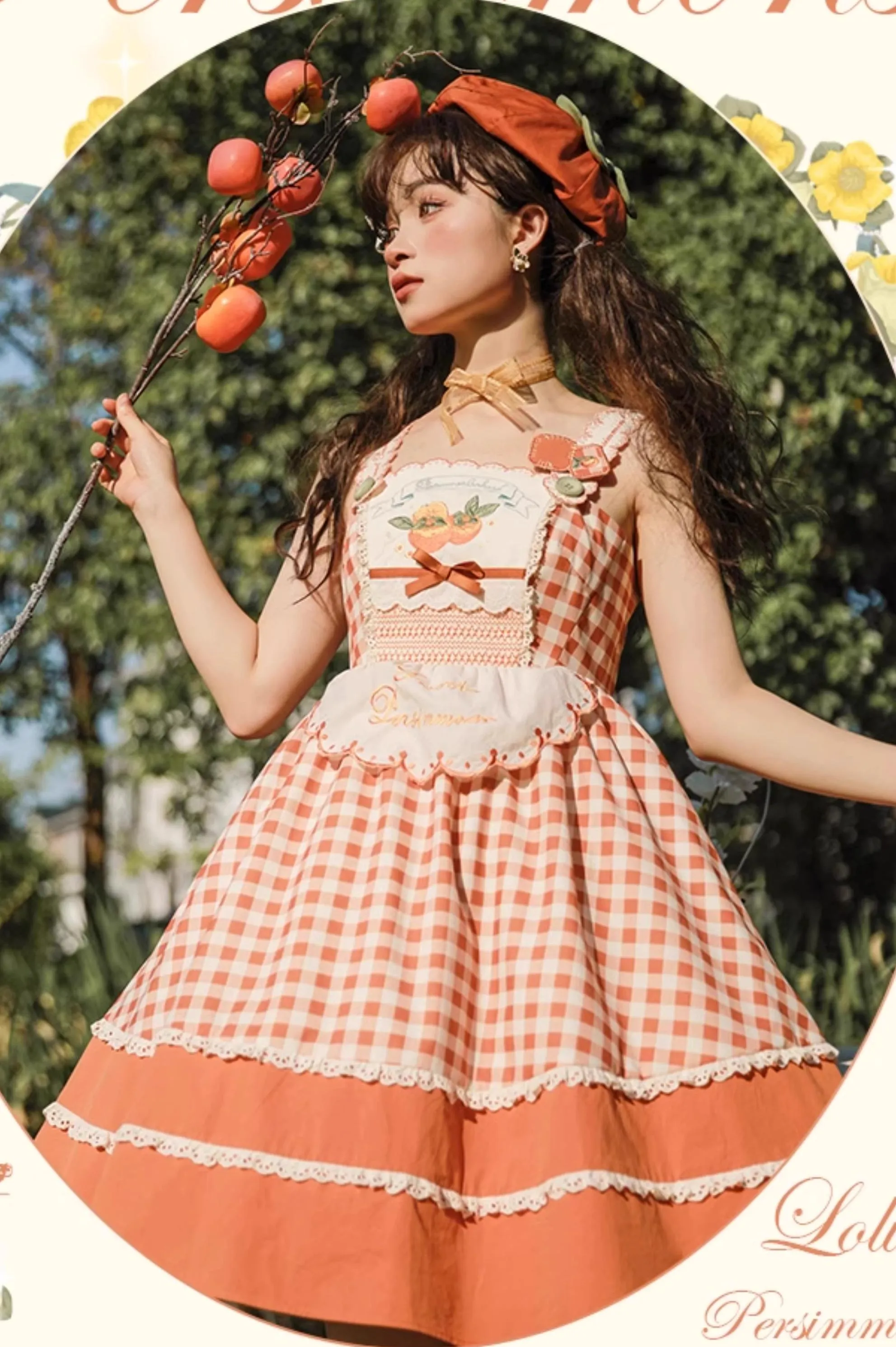 Mademoiselle Pearl~Persimmon~Autumn Persimmon Print Lolita OP JSK SK Dress