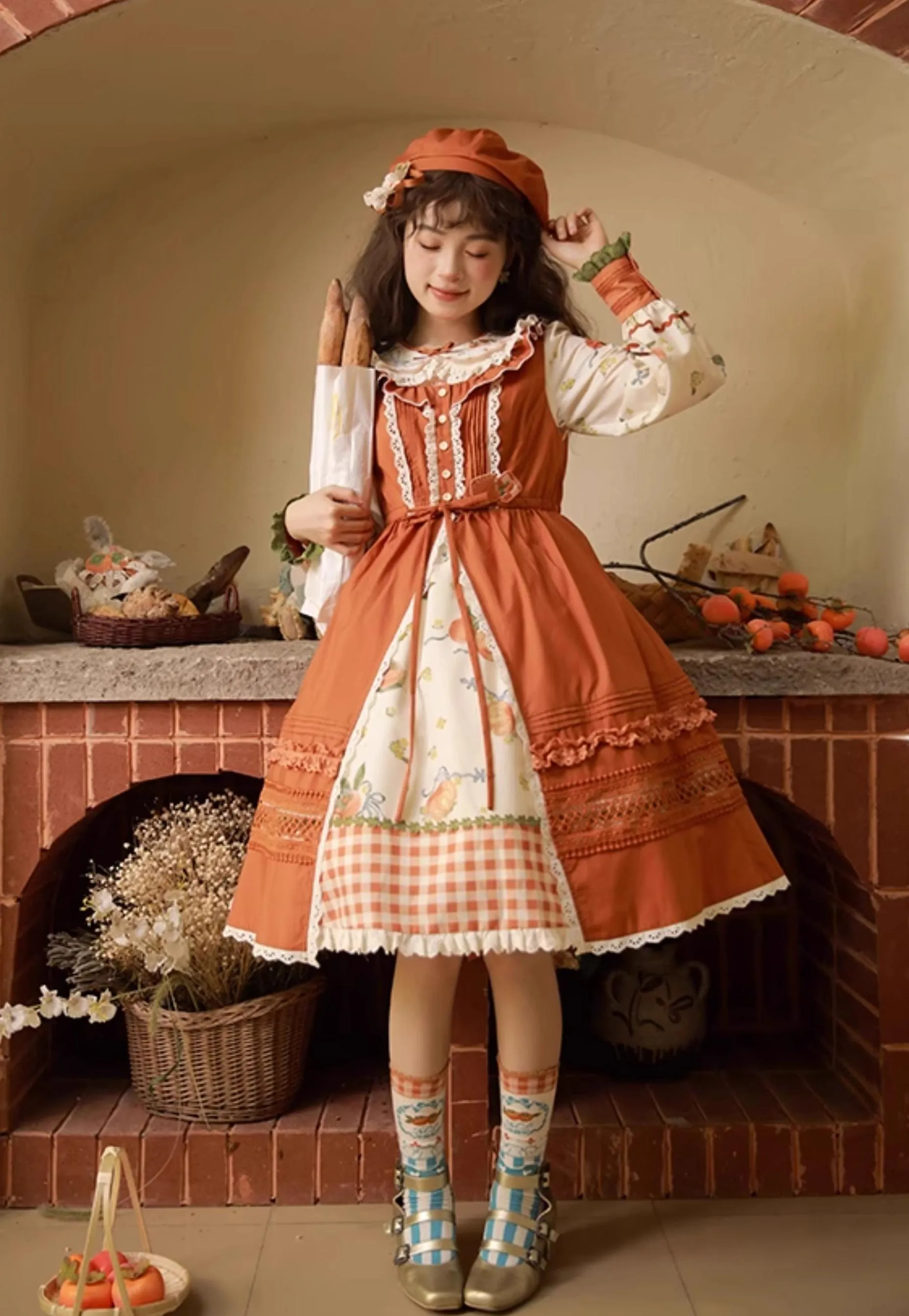 Mademoiselle Pearl~Persimmon~Autumn Persimmon Print Lolita OP JSK SK Dress