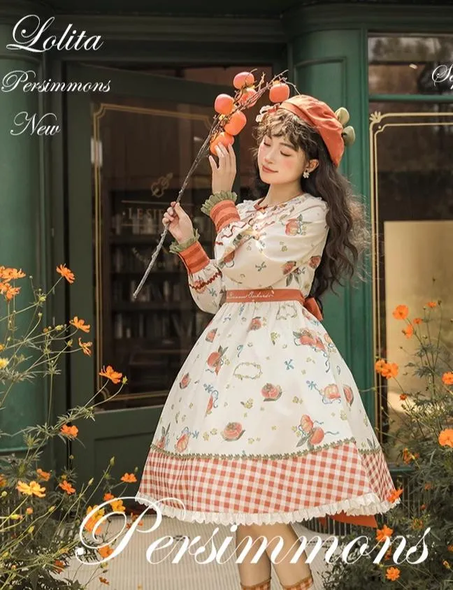 Mademoiselle Pearl~Persimmon~Autumn Persimmon Print Lolita OP JSK SK Dress