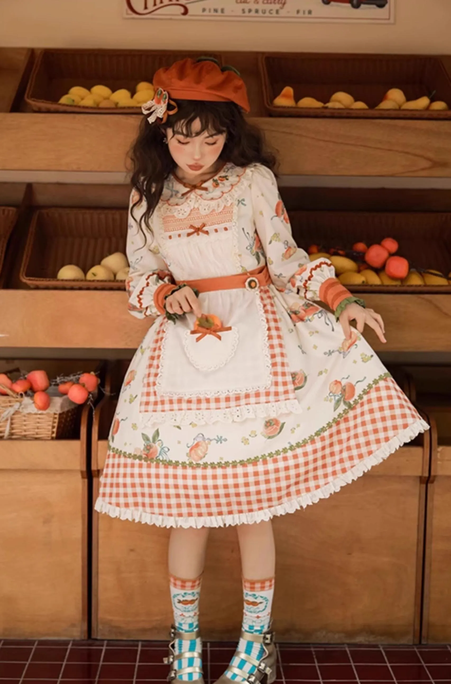 Mademoiselle Pearl~Persimmon~Autumn Persimmon Print Lolita OP JSK SK Dress