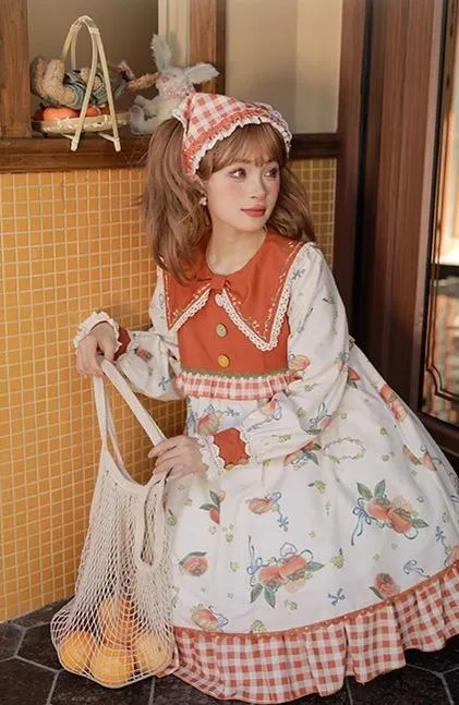 Mademoiselle Pearl~Persimmon~Autumn Persimmon Print Lolita OP JSK SK Dress