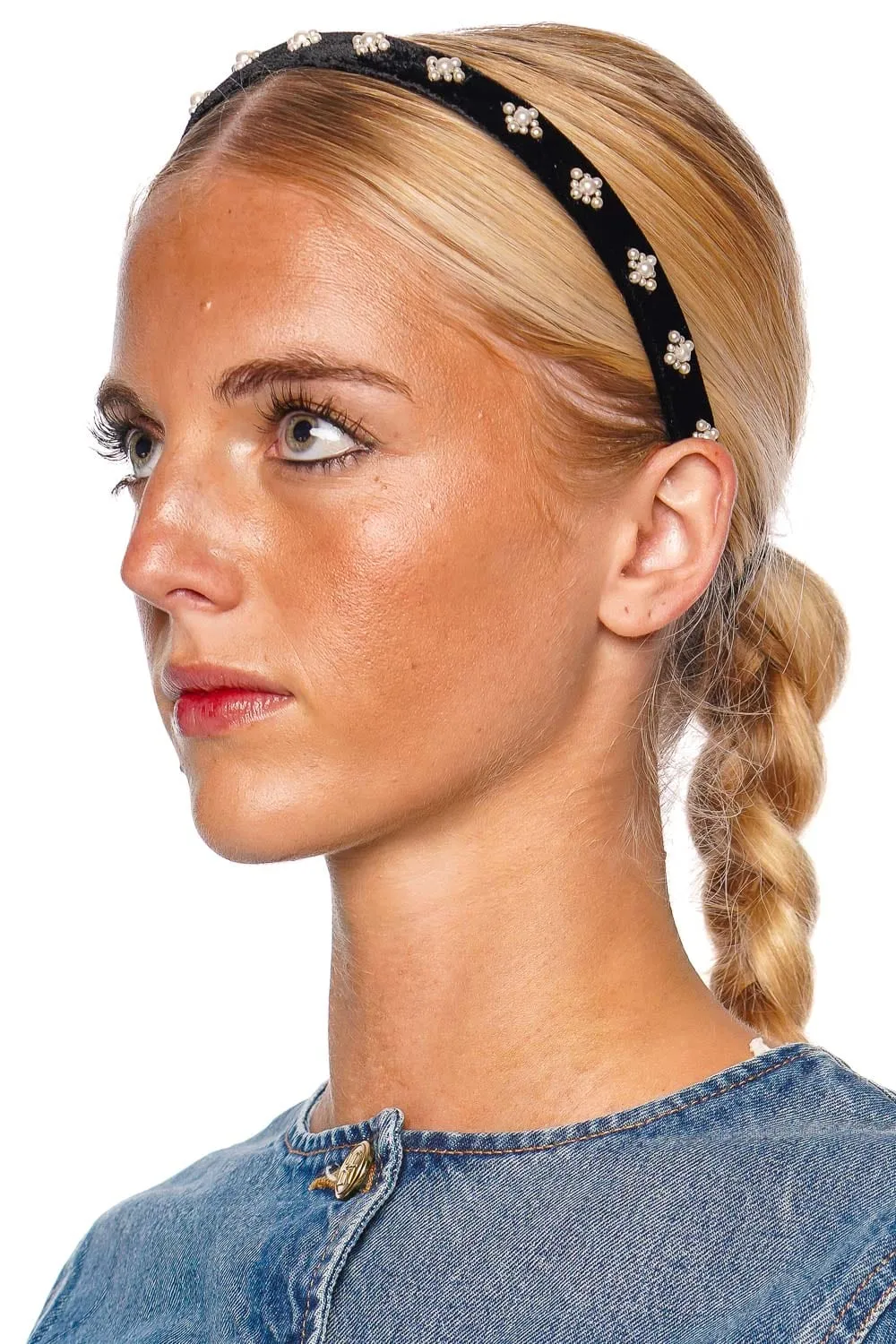 Maggie Black Pearl Velvet Headband