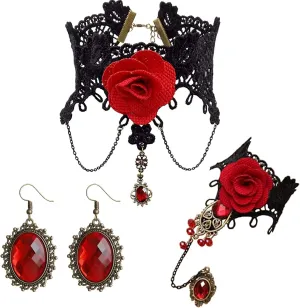 maikun Black Lace Choker Necklace Halloween Costume Jewelry Set with Bracelet Earrings, Punk Party Gothic Lolita Red Flower Rose Beads Vintage Retro choker Wristband for Women